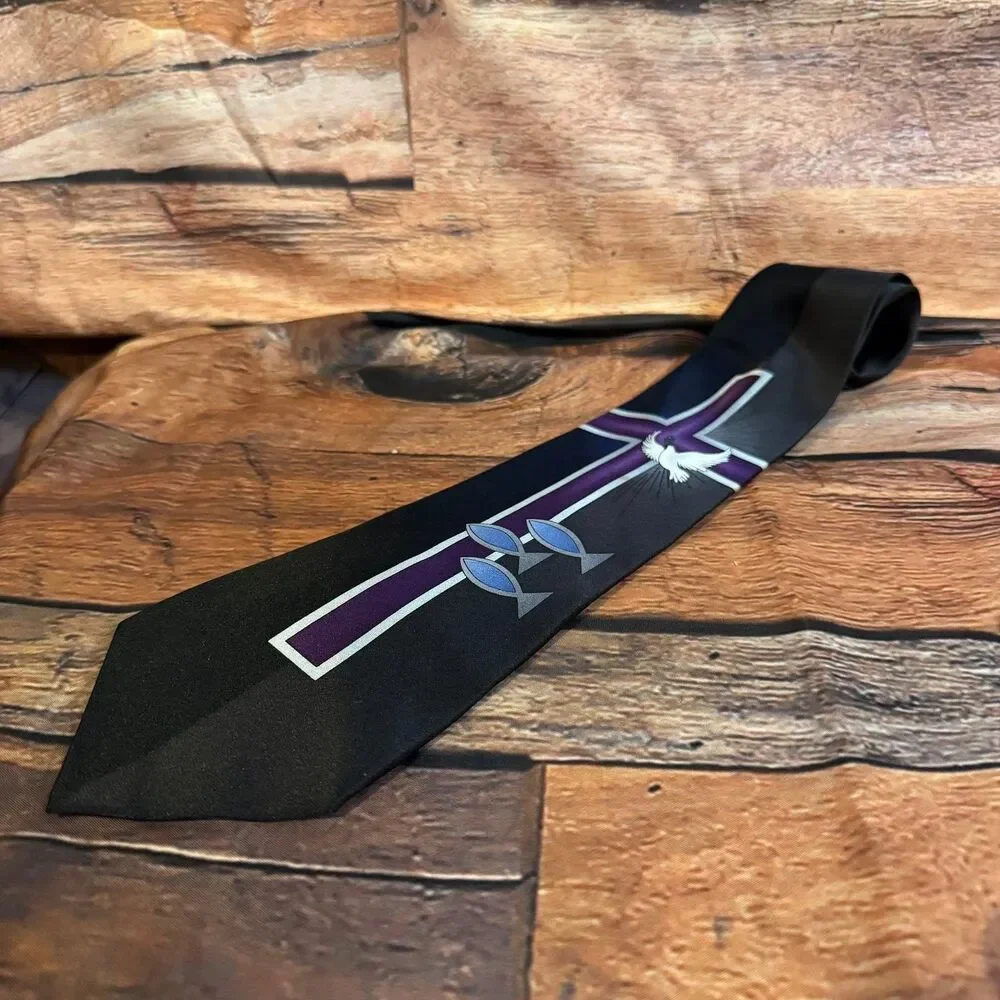Inspirations Men's Tie Black Purple Silk Christian Cross Dove Fish Classic